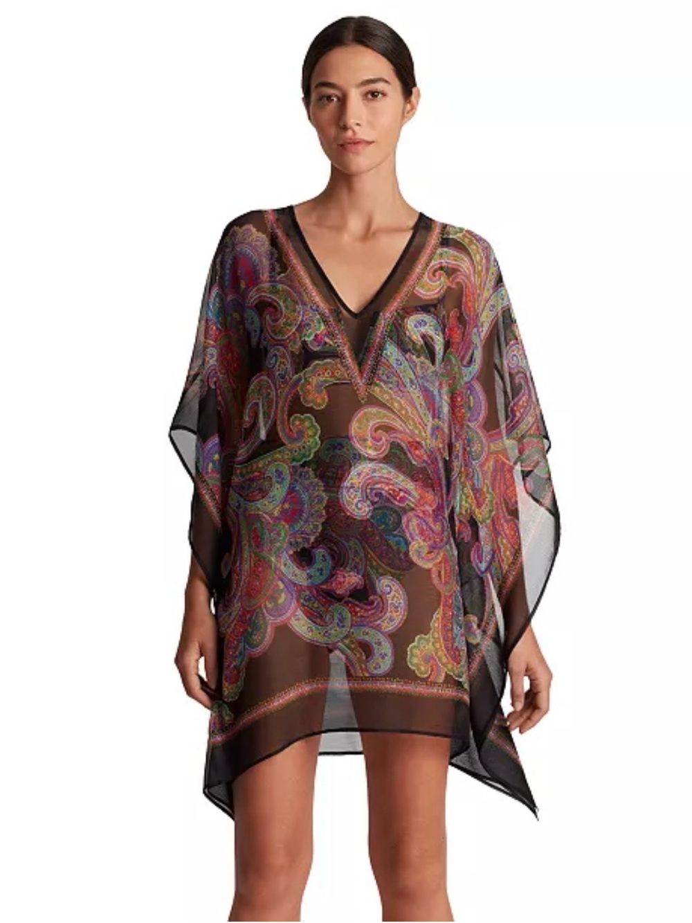Lauren Ralph Lauren Sheer Paisley V-Neck Coverup in Brown with Multicolor Print